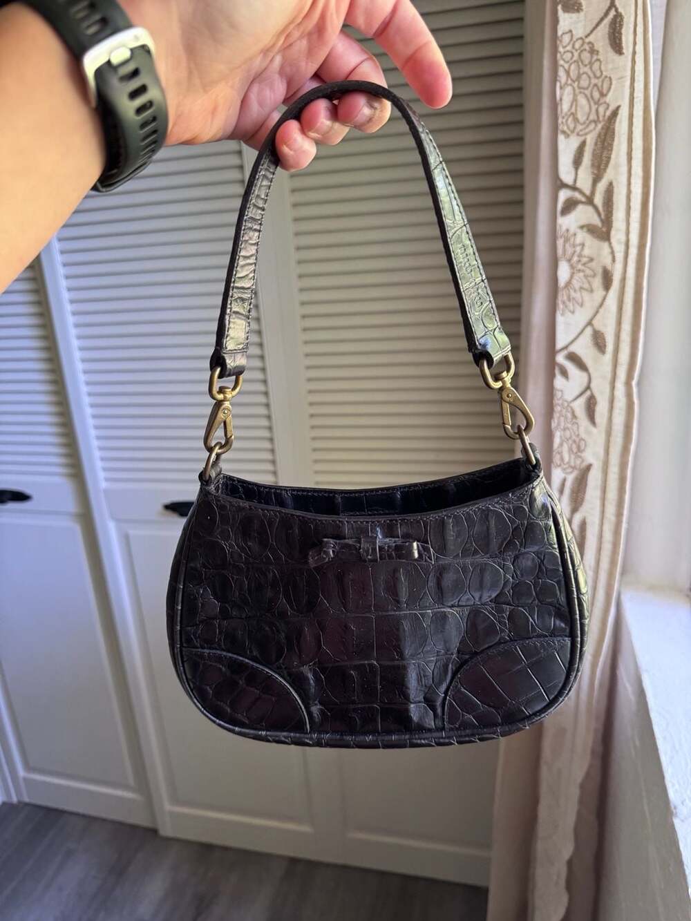 Miu Miu Black Croc-Embossed Leather Mini Hobo Bag